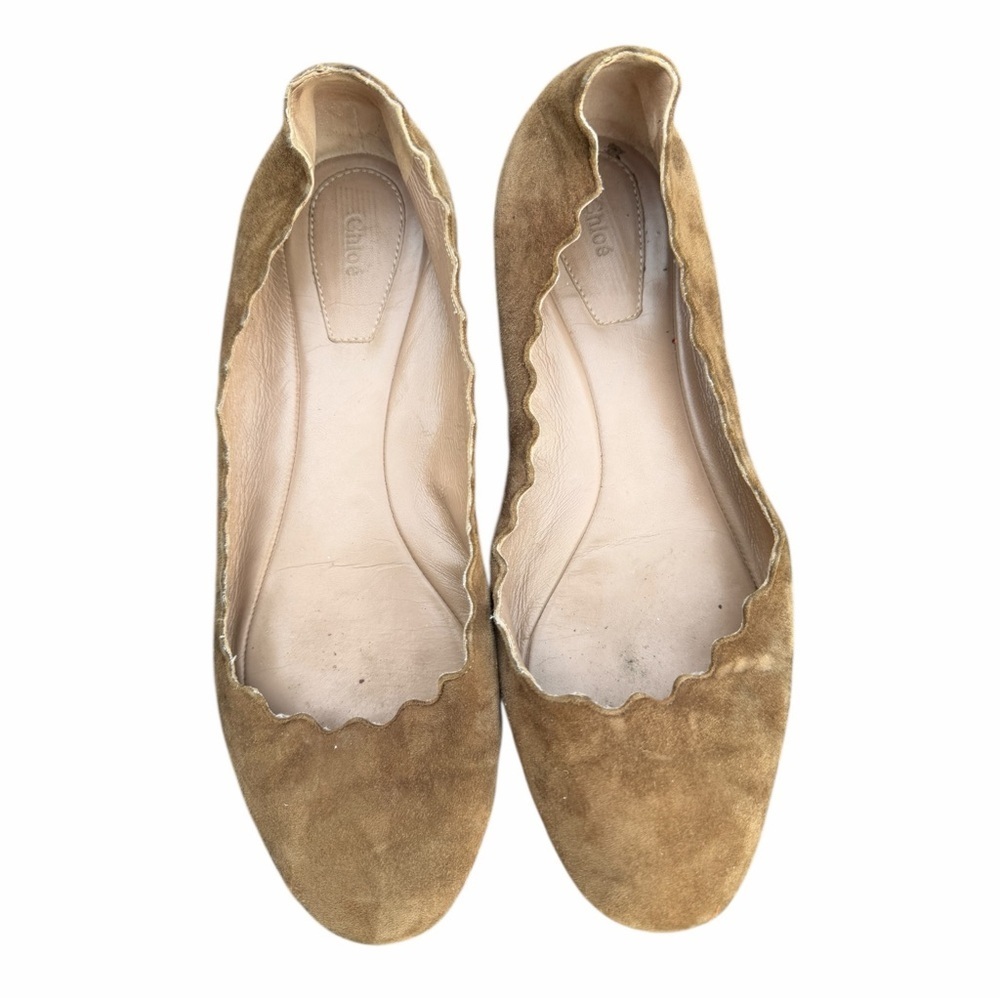 Chloé Scalloped Suede Ballet Flats Tan Nude Leather Lining Women’s Shoes